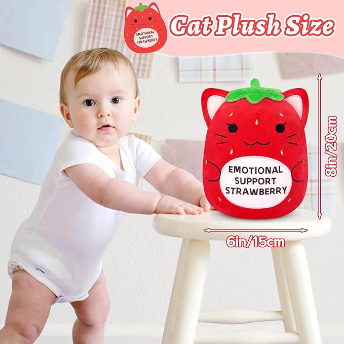 Strawberry Cat Plush,8inch Emotional Support Plush with Emotional Support Strawberry Words,Cute Cat Stuffed Animal Soft Strawberry Plush Toy Positive Gifts for Kids,Men,Women
