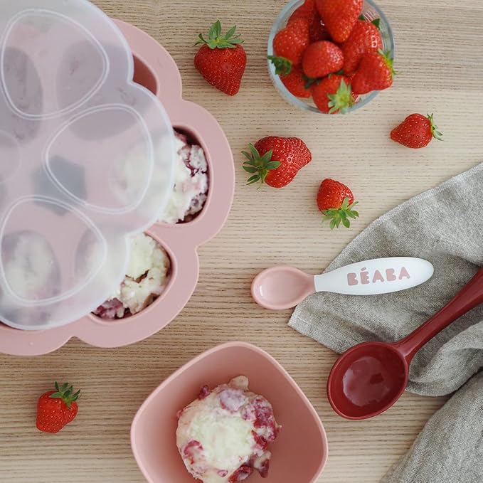 BEABA Multiportions Premium Quality Silicone Baby Food Freezer Tray with Clip On Lid, Baby Food Storage Container Ice Cube Tray Maker, Made in Italy, Rose, 3 oz