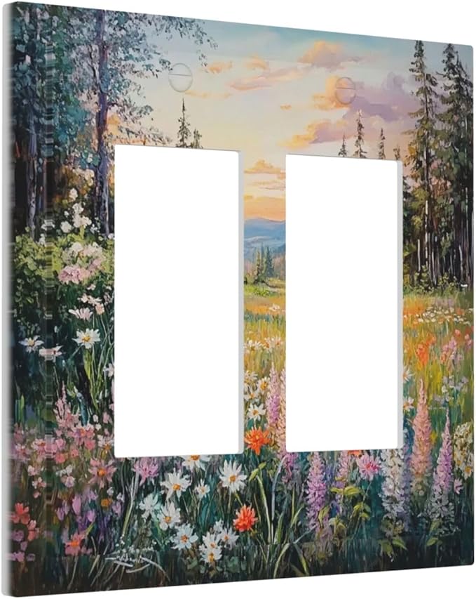 Decorative Outlet Covers Floral Landscape Rustic Nature Wildflower 2 Gang Double Gfci Rocker Electrical Wall Panels Light Switch Cover Plate For Bed Room Living Room Decor