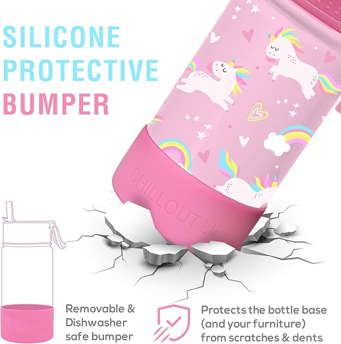 CHILLOUT LIFE 12 oz Kids Insulated Water Bottle for School with Straw Lid Leakproof and Cute Waterproof Stickers, Personalized Stainless Steel Thermos Flask Metal Water Bottle, Pink Unicorn