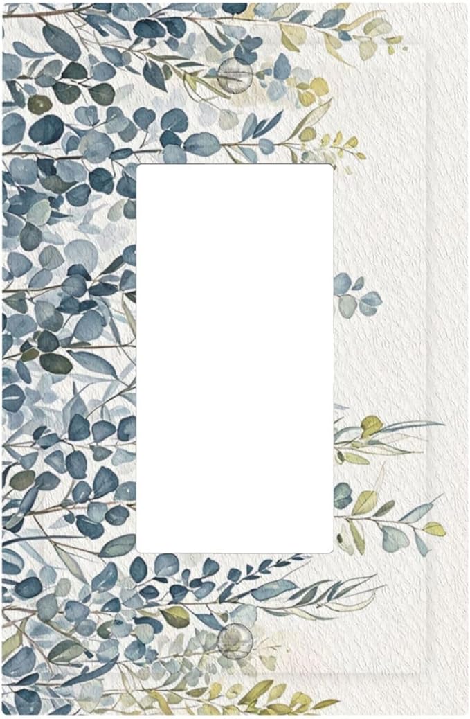 Decorative Light Switch Cover Plate with Green & Blue Watercolor Eucalyptus Botanical Foliage Design 1 Gang Rocker Outlet Covers Single Decora Gfci Device Wall Plate for Living Room