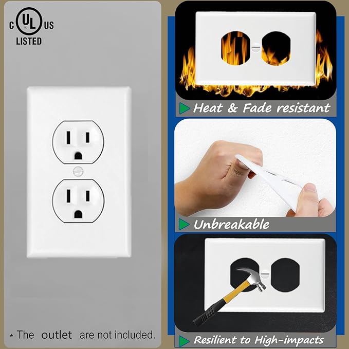 Outlet Covers Wall Plates -Duplex Outlet Covers, 1-Gang Standard Size Wall Plate for Outlets, Duplex Receptacle Wall Plate,Unbreakable Polycarbonate Thermoplastic,UL Listed (2-Pack,White)