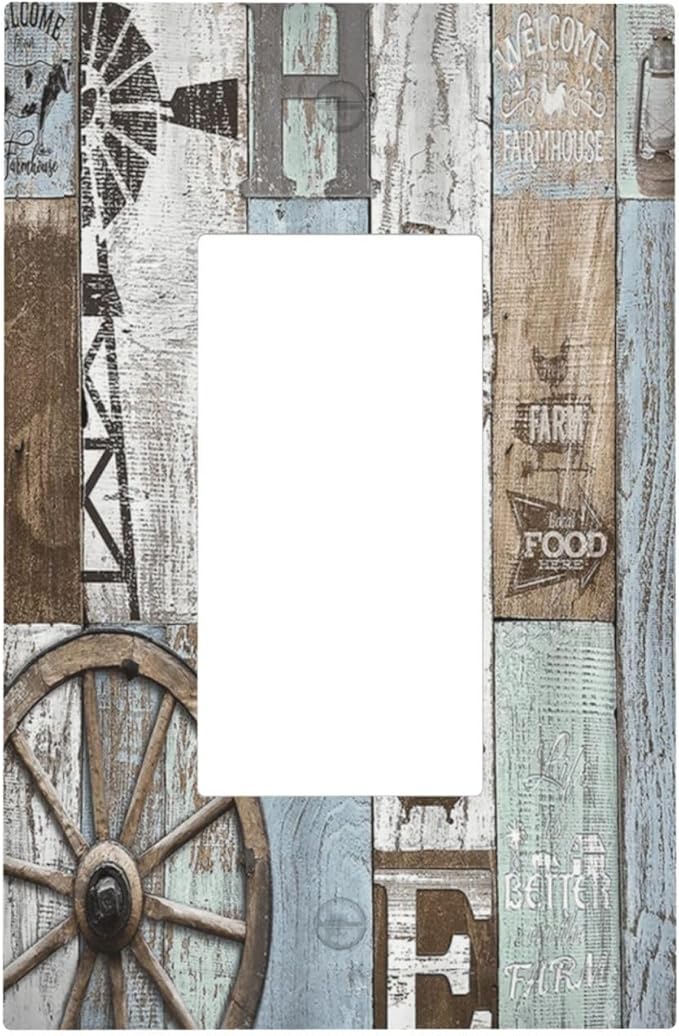 Rustic Western Barn Door Vintage Windmill Decorative Outlet Covers 1 Gang Single Rocker Light Switch Cover Plate Wall Plates GFCI Faceplate for Farmhouse Home Decor