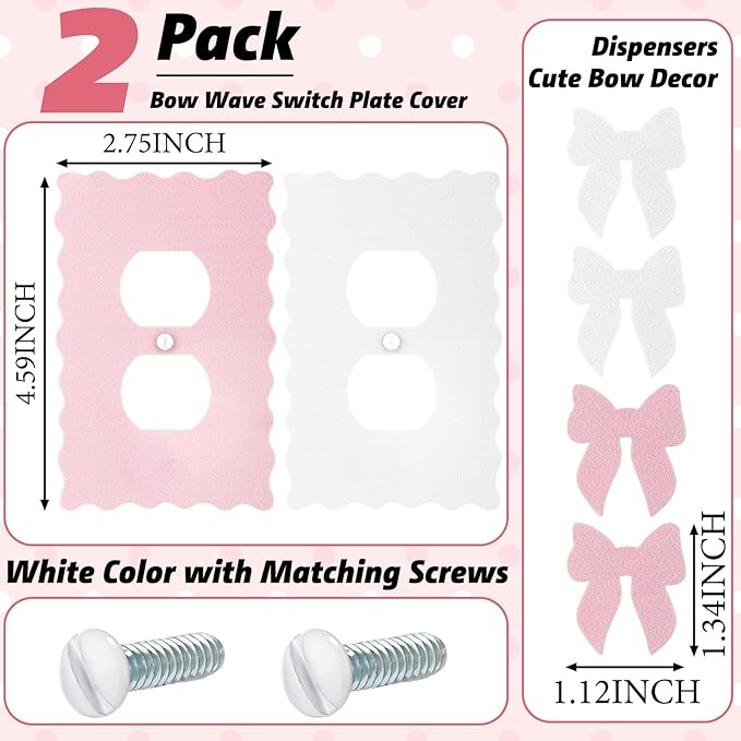 Relaxweex 2 Pcs Pink Bow Light Switch Cover Wall Plate Room Decor Metal Toggle Pink and White Cute Decorative Outlet Cover for Bedroom Home Decor (Round Hole)