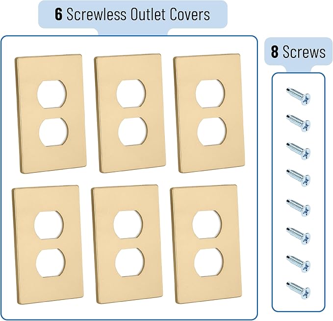 Bates- Screwless Duplex Wall Plate, Standard Size, 4.68" x 2.9", 6 Pack, Gold, 1-Gang Child Safe Receptacle Outlet Cover, Unbreakable Polycarbonate Thermoplastic