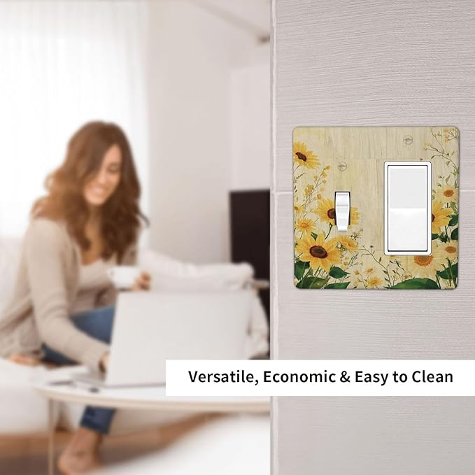 Decorative Toggle Switch Cover Plate with Vintage Botanical Sunflower Field Design 2-Gang 1-Gang Standard Wall Plate Light Switch Cover for Nature Yellow Blooms Wall Decor
