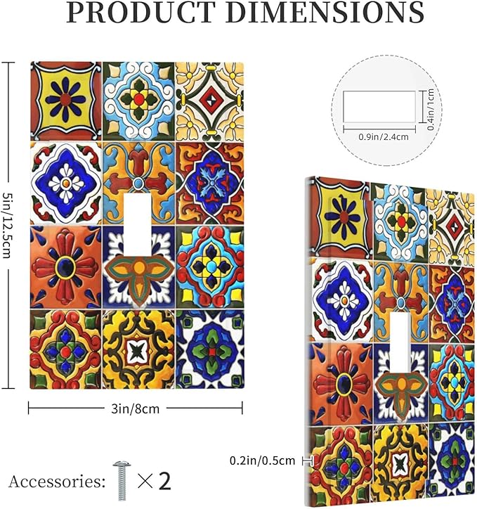Vintage Colorful Boho Mexican Moroccan Tile Decorative Light Switch Cover 1 Gang Single Toggle Device Electrical Faceplate Switchplates Decorator Outlet Wall Plate for Farmhouse Home Decor