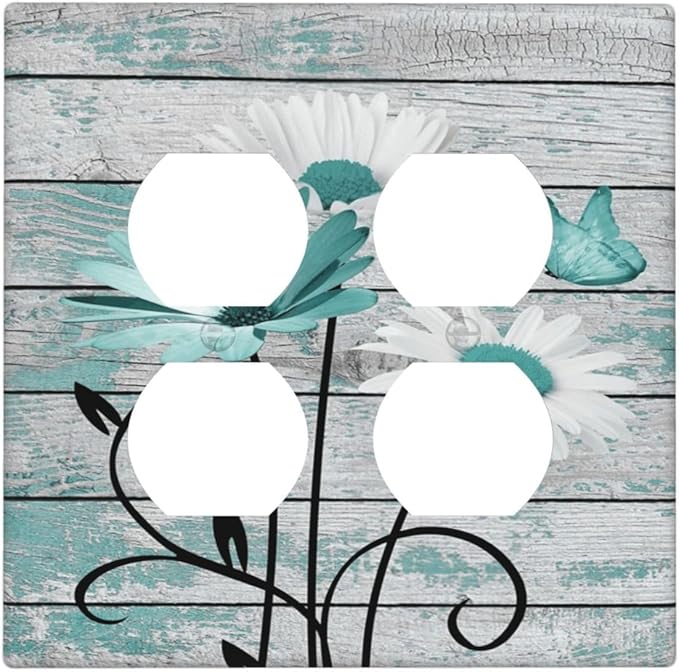 Teal White Daisy Flower Butterfly On Rustic Wood Board Outlet Covers 2 Gang Double Duplex Decorative Light Switch Covers Electrical Wallplates Socket Faceplate for Farmhouse Bedroom Decor