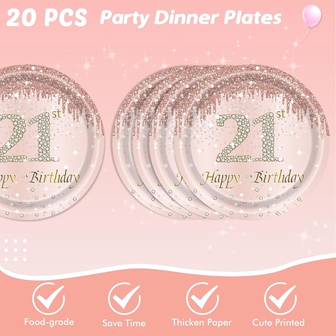 62Pcs 21st Birthday Decorations for Girls Her, Rose Gold Birthday Party Supplies Include 40Pcs Plates 20Pcs Napkins and 2Piece Tablecloth, Rose Gold Sweet 21 Party Tableware for 20 Guests