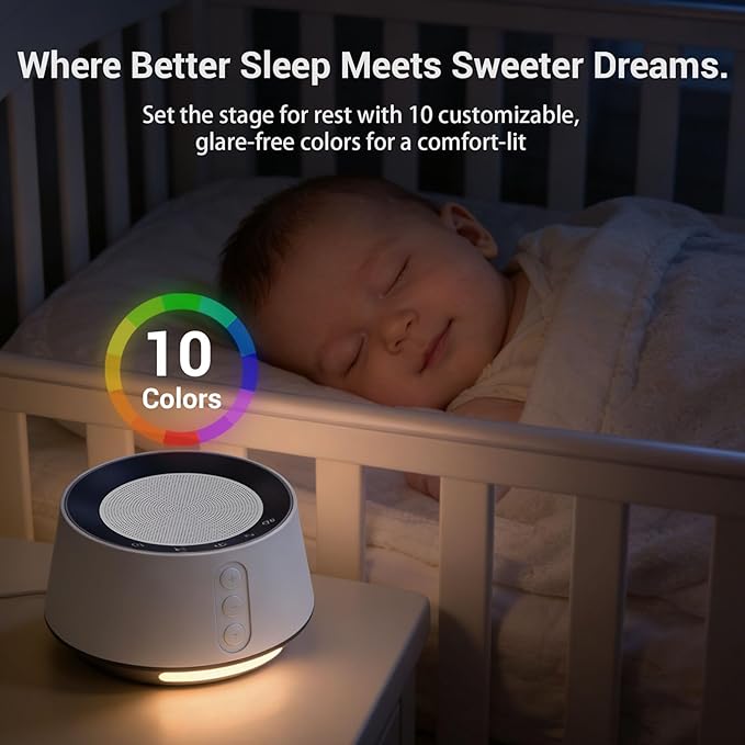 BGOVERSS White Noise Machine with Night Light – 20 Soothing Sounds, 10 Color Lights, 5 Timer Settings & Memory Function, Portable Sleep Sound Machine for Baby Nursery, Kids & Adults, Black