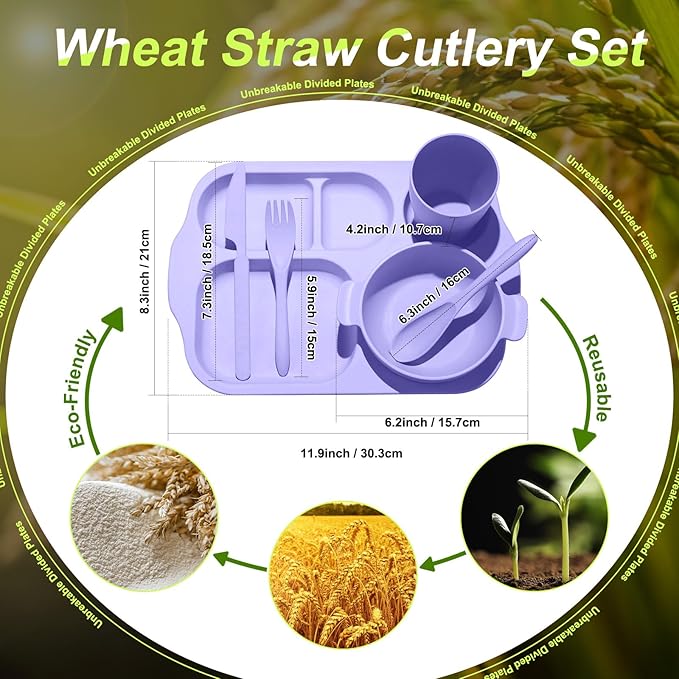 24 Pcs Wheat Straw Dinnerware Cutlery Set for Aldult Including Divided Plates Microwave Dishwasher Safe Bowl Unbreakable Tableware Straw Cutlery Spoon Knife Fork(Light Purple)