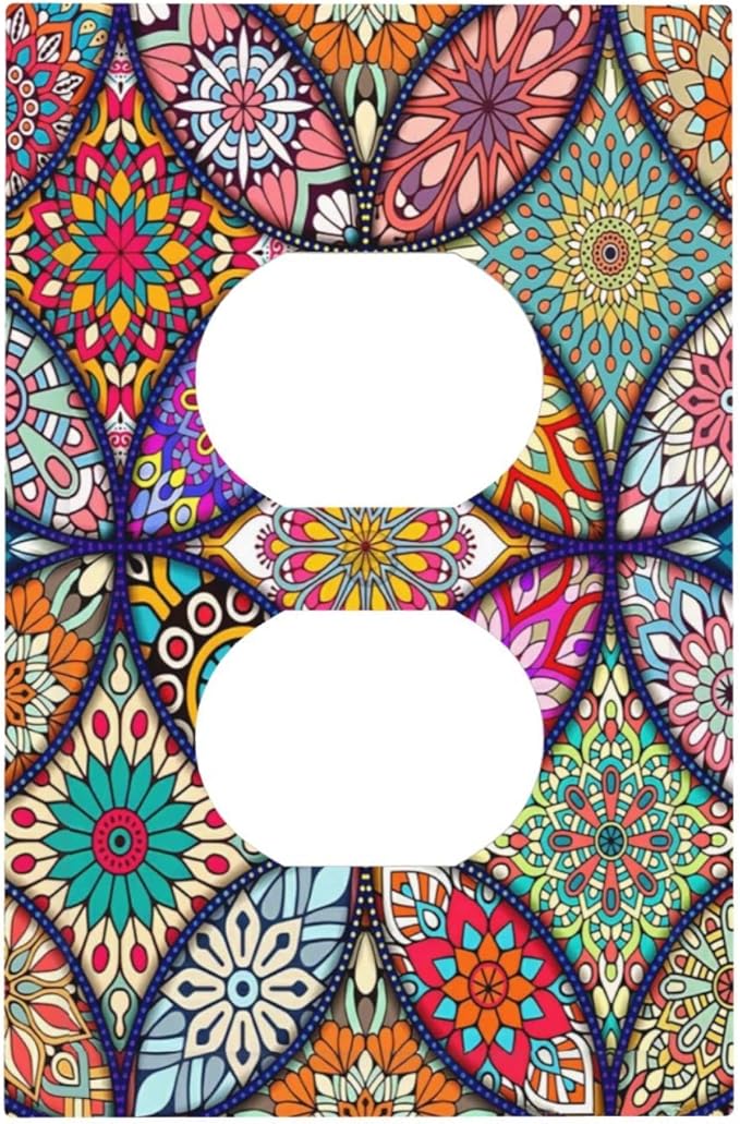 Bohemian Duplex Decorative Outlet Covers Electrical Receptacle 1 Gang Outlet Plate colorful Vintage Floral Mandala Flower Lightswitch Faceplate 5" X 3"