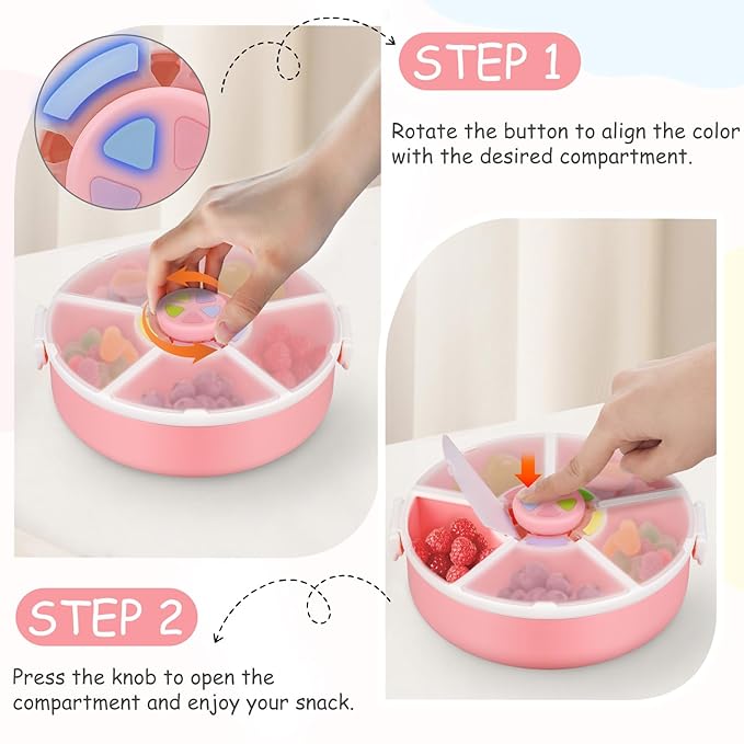 JOOPETALK Kids' Rotating Snack Container Set – 2-Pack, Includes 1 Rotating Snack Container & 1 Round Sectioned Snack Box, BPA-Free, Dishwasher Safe, Perfect for Travel-Pink