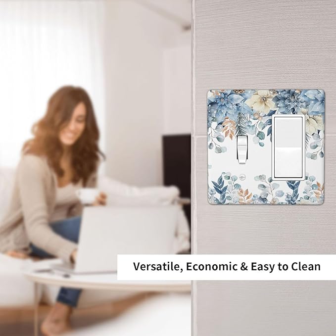 Blue Vine Snowflake Plants Leaves Floral Flowers Outlet Covers 1 Toggle 1 Rocker Combination Decorative Wall Plate Electrical Switch Plates Light Switch Cover Plate for Bedroom Living Room Decor