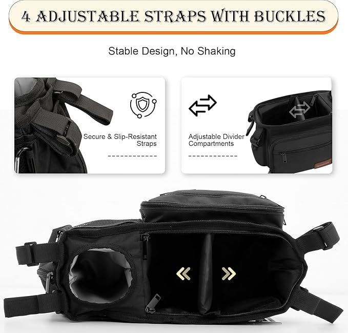 Stroller Organizer Bag with Insulated Cup Holder & Adjustable Dividers, Non-Slip Stroller Caddy with Multiple Pockets, Fits 14"-19" Handles, Water-Resistant, Black