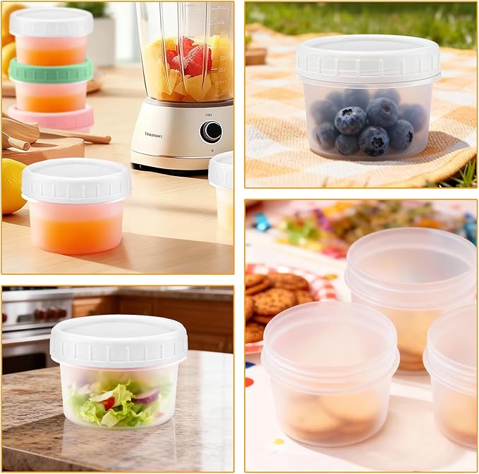 24 Pack 4 oz(120 ml) Food Storage Jars with Screw Lids, Reusable Small Refrigerated Jars, Small Plastic Freezer Storage Food Containers for Cake Jam Ice Cream Snack Sauce Soup