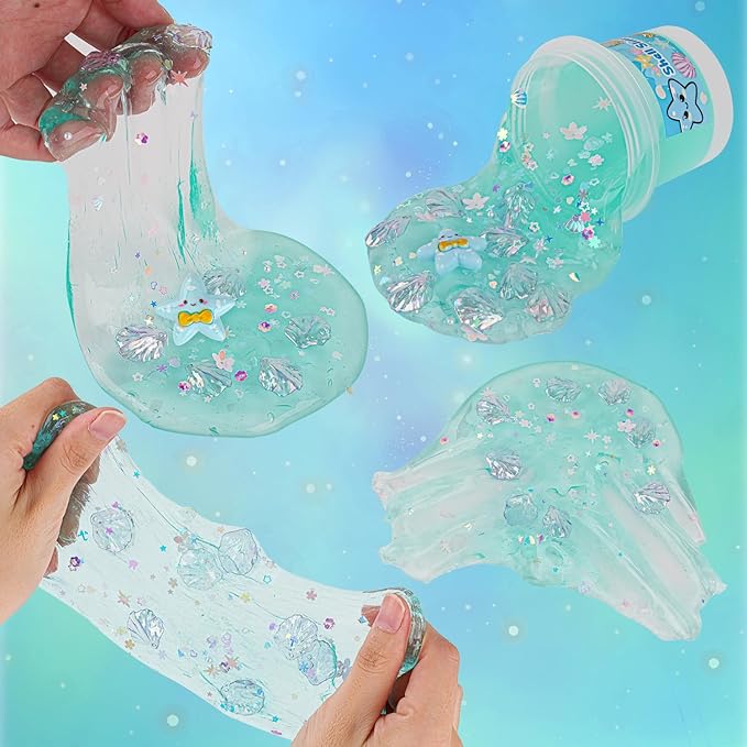 3 x 100mL Ocean Slime Kit for Girls & Boys: Mermaid Bead, Pink Crunchy & Blue Clear Slime, Sensory Experience DIY Slimes Set, Slimes Party Favors for Kids Birthday Easter Halloween Teens Gift