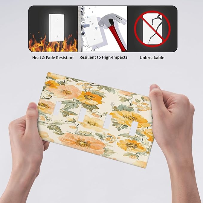 Light Switch Cover Plate Vintage Floral Pastel Flower Pattern 4 Gang Quad Toggle Wall Plate Electrical Outlet Cover Decorative Switch Plate Covers for Bedroom Cabin Decor