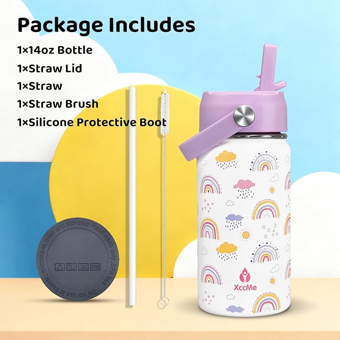14 oz Rainbow Kids Water Bottle With Straw Lid,Stainless Steel Travel Bottle,Double Wall Leak Proof Kids Cup,Insulated Tumbler for Toddlers,Metal Bottle for School Boys Girls