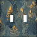 Decorative Switch Plate Cover with Golden Trees & Abstract Gradient Forest Landscape Design 2 Gang Wall Plate Unique Double Toggle Double Light Switch Covers for Blue Retro Home Decor