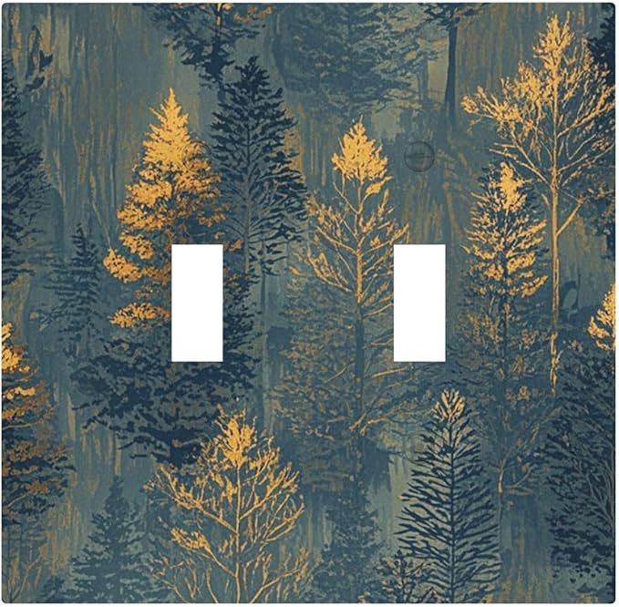 Decorative Switch Plate Cover with Golden Trees & Abstract Gradient Forest Landscape Design 2 Gang Wall Plate Unique Double Toggle Double Light Switch Covers for Blue Retro Home Decor