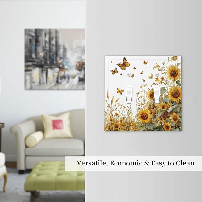 Sunflower Gold Wildflowers Summer Butterfly Decorative Switch Plates 2 Gang Double Toggle Outlet Light Switch Cover Wall Plate Electrical Faceplate for Bedroom Living Room Decor