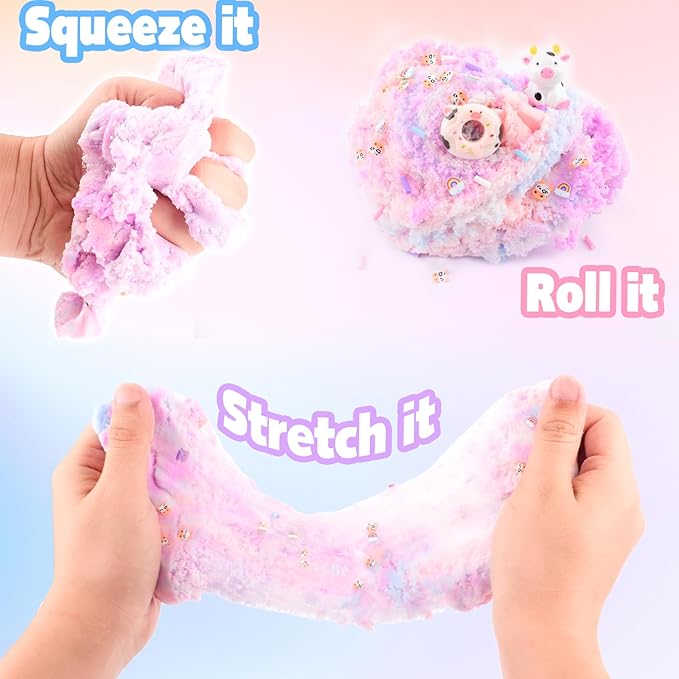 Pink Cow Cloud Slime, Scented Slime with Cute Donut Cow Charms and Rainbow Cloud Add-ins, Birthday Gifts for Kids 4-12, Party Favors for Girls and Boys, Super Soft Sludge Toy