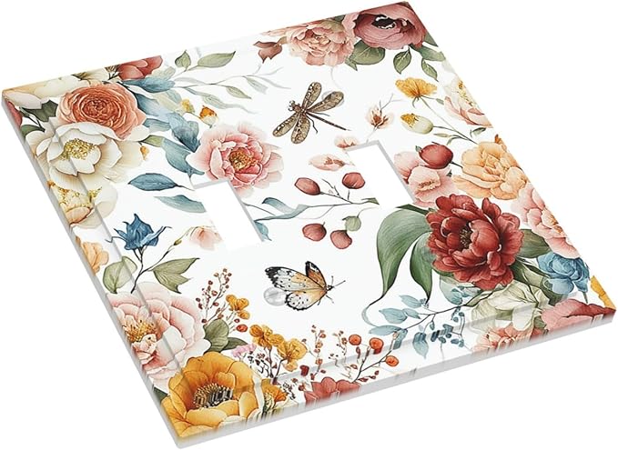 Rustic Style Colorful Peony Butterfly Dragonfly Decorative Switch Plates 2 Gang Double Toggle Wall Plate Electrical Faceplate Outlet Light Switch Cover for Bedroom Living Room Decor