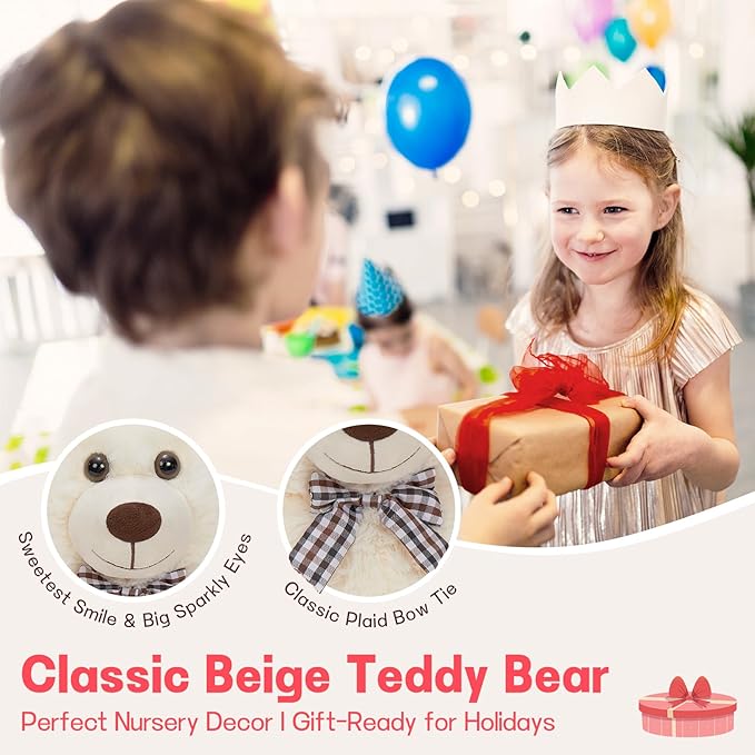 MorisMos White Teddy Bear Stuffed Animal, 20 Inch Bow Tie Classic Stuffed Bears Plush, Cuddly Hugging Bear Gift for Toddler, Kids, Baby Shower & Birthday, White