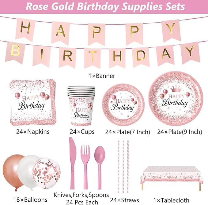 212Pcs Pink Birthday Decorations Disposable Dinnerware Sets,Birthday Party Supplies Plates Napkins Set Baby Shower Birthdays Party Plate Pink Set With Banners Cups Forks knives Spoons Serve 24