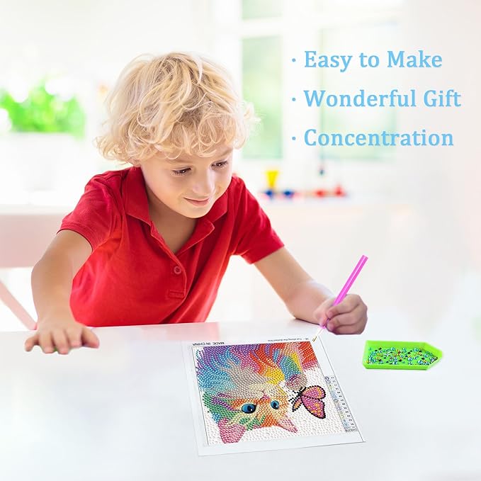 Libfx Diamond Art Kits for Kids with Frame Diamond Art for Girls Boys Beginners Arts and Crafts Ages 8-12 Birthday Gifts (Colorful Butterfly Cat)
