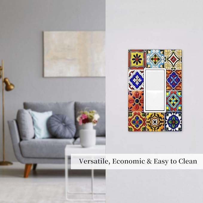 Vintage Colorful Boho Mexican Moroccan Tile Decorative Outlet Covers 1 Gang Single Rocker Light Switch Cover Plate Wall Plates GFCI Faceplate for Farmhouse Home Decor