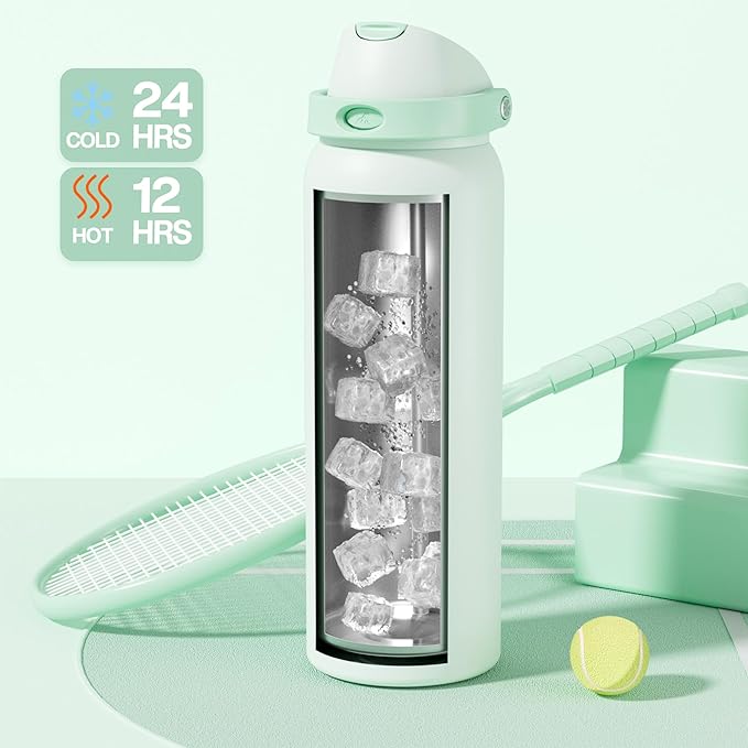 POWCAN 40 oz Metal Water Bottle with Straw for School: One-hand Push Button Lid, Leakproof, Keep Cold 24Hrs, BPA-Free, Insulated Stainless Steel Flask for College, Sports, Gym, Workouts (Mint Green)
