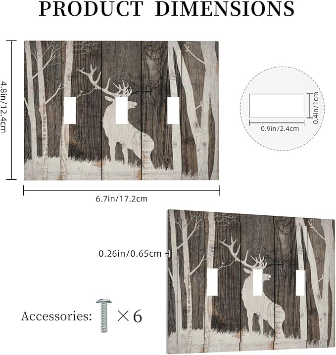 Vintage Wood Forest Deer Wildlife Animal Silhouette Decorative Switch Plates 3 Gang Wall Plate Triple Toggle Light Switch Cover Faceplate Electrical Wall Panels for Farmhouse Home Decor
