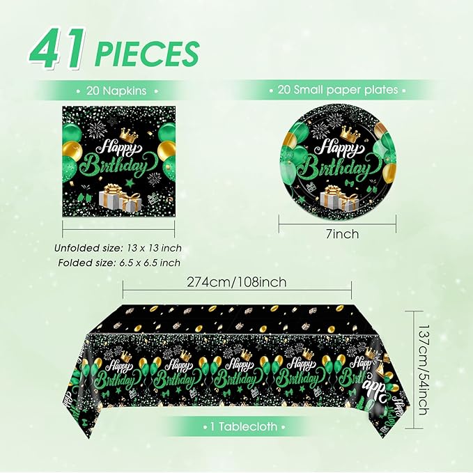 Green Birthday Decorations for Men Boys,Green and Black Party Tableware Set Include Birthday Plates Napkins and Tablecloth,for Mens Boy Bday Party Decorations Supplies,Serves 20