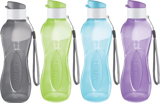 MILTON Water Bottle Kids Reusable Leakproof 17 Oz 4-Pack Plastic Wide Mouth Large Big Drink Bottle BPA & Leak Free with Handle Strap Carrier for Cycling Camping Hiking Gym Yoga