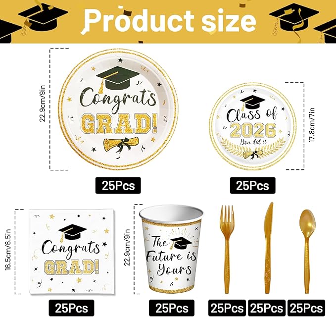 175 Pcs Graduation Tableware Set Party Supplies - Serves 25, Congrats Grad Class of 2026 Disposable Plates, Cups, Napkins, Forks, Spoons, Knives for High School, College Graduation, Prom Decorations