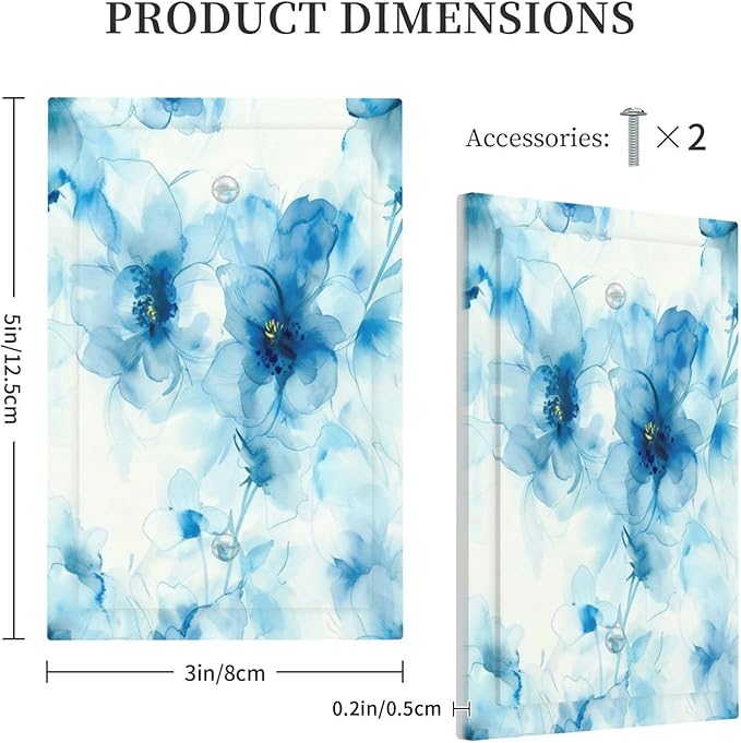 Watercolor Flower Blue White Large Floral Leaf Plants Light Switch Cover Plate 1 Gang No Device Blank Electrical Wall Plates Faceplate Decorative Switch Plate Covers for Bedroom Living Room Decor
