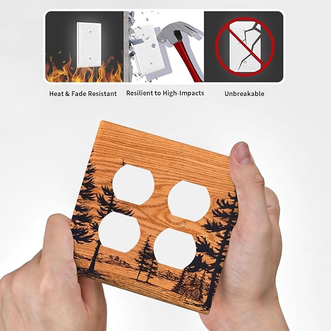 Pine Forest Natural Scenery Silhouette Wood Grain Outlet Covers 2 Gang Double Duplex Decorative Light Switch Covers Electrical Wallplates Socket Faceplate for Farmhouse Home Decor
