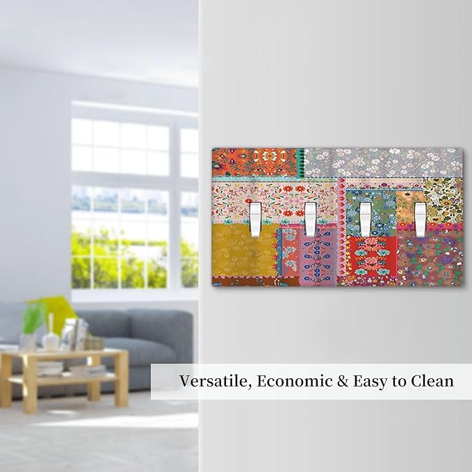 Light Switch Cover Boho Patchwork Bohemian Stitching Colorful Floral 4 Gang Switch Plate Quad Toggle Wall Plates Decorative Switchplate Electrical Outlet Cover Plates for Bathroom Home Decor