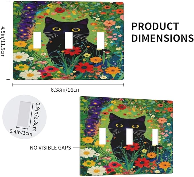 Decorative Art Light Switch Covers BlackCat&Flowers 3 Gang Triple Toggle Wall Plate Decorative Switch plate Electrical Faceplate for Home Decor