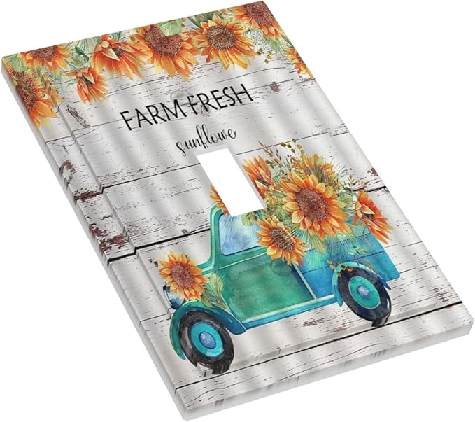 Decorative Switch Plate Covers Teal Farm Truck Pulling Sunflowers 1 Gang Wall Plate Single Toggle Light Switch Cover Plate Jumbo Electrical Switchplate Receptacle Faceplate for Farmhouse