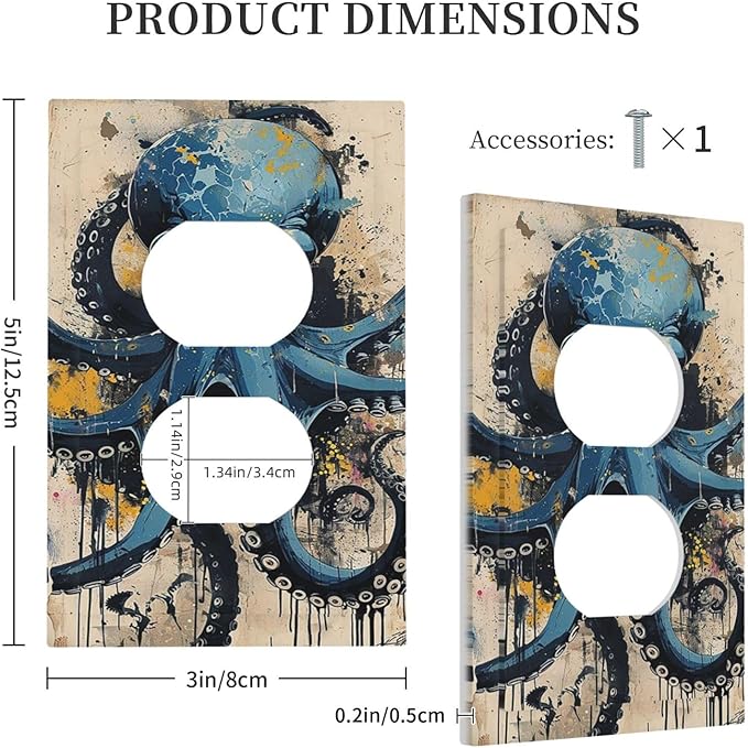 Outlet Covers Nautical Vintage Blue Octopus Yellow Eyes Oil Watercolor 1 Gang Duplex Wall Plate Decorative Switch Plates Electrical Receptacle Faceplate Light Switch Cover for Kids room
