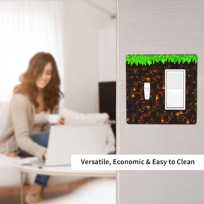 Light Switch Cover Pixel Grass Block 2 Gang Toggle Rocker Combo Socket Cover Wall Plates Decorative Switch Plates and Outlet Covers for Kids Room Home Decor