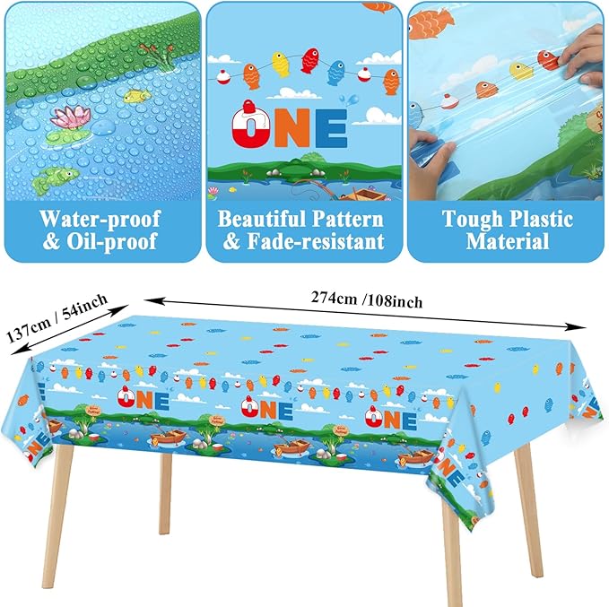 Ofishally One Birthday Party Supplies Serves 24 Gone Fishing 1st Party Paper Plates Napkins Little Fisherman Tablecloth Set Tableware Kit for Baby Shower Decorations Kids Boys Girls
