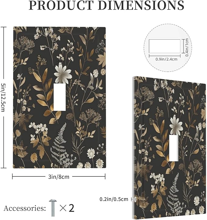 Decorative Light Switch Cover Black Gold Floral Dark Leaves Vintage Flowers 1 Gang Single Toggle Device Electrical Faceplate Switchplates Decorator Outlet Wall Plate for Bed Room Home