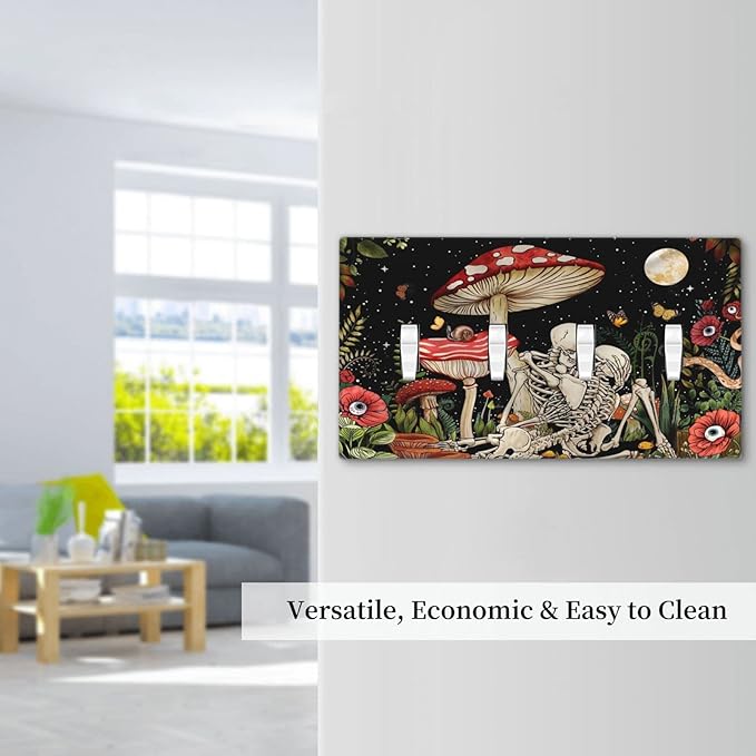Mushroom Skull Skeleton Moon Quad Toggle Light Switch Cover Decorative 4 Gang Switch Plates Cover Star Plants Flora switchplate for Bathroom Home Living Room Decor 8 X 4.5 In