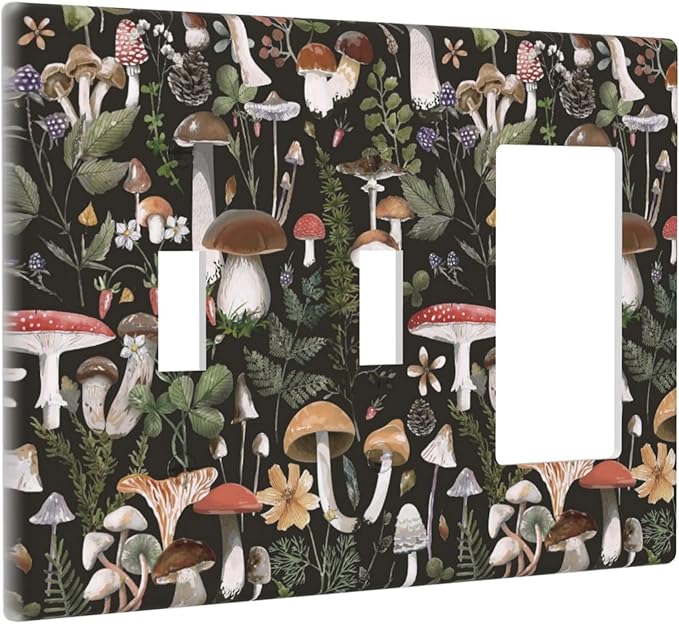 Black Boho Moth Botanic Mushroom 3-Gang 2-Toggle 1-GFCI/Decorator Combination Light Switch Decorative Triple Combo Device Switches/Rocker Outlet Covers and Wall Plate