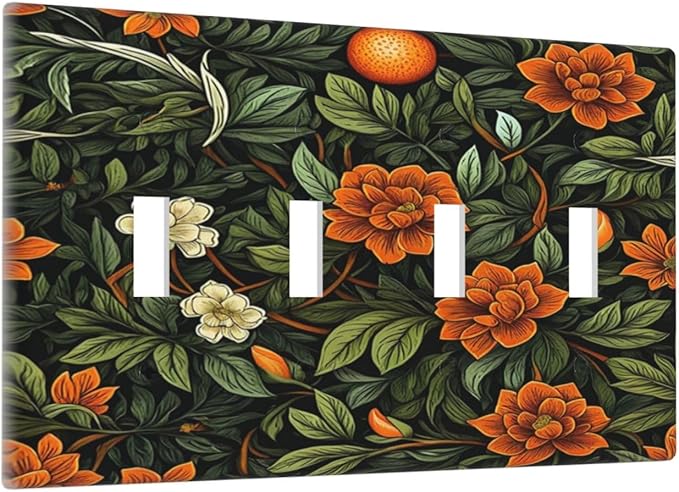 Light Switch Cover William Morris Orange Flowers Rustic Leaves Floral 4 Gang Quad Toggle Decorative Switch Plates Electrical Wall Plates Faceplate for Bathroom Bedroom Decor