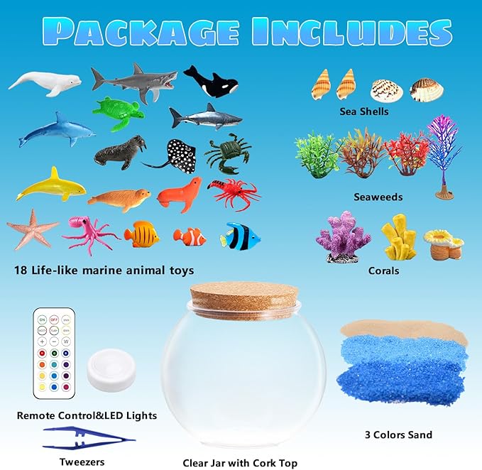 Ocean Light Up Terrarium Kit for Kids - LED Night Light Ocean Birthday Gifts for Girls & Boys Ages 4 5 6 7 8-12, Kids Arts & Crafts Kit, Easter Ideal Gifts